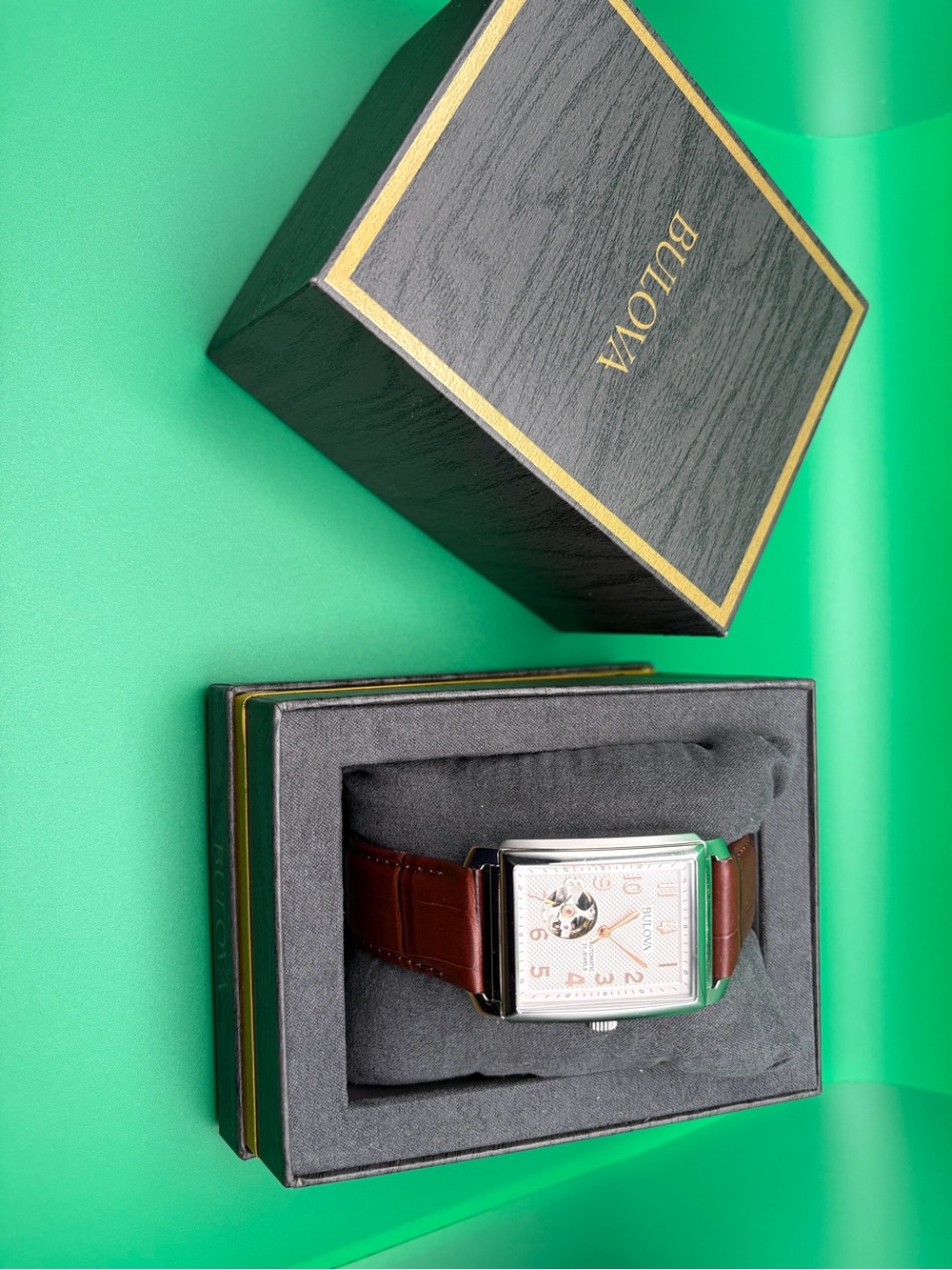 Bulova Silver Dial Watch with Brown Leather Strap and Open-Heart Window - Picture 4 of 4